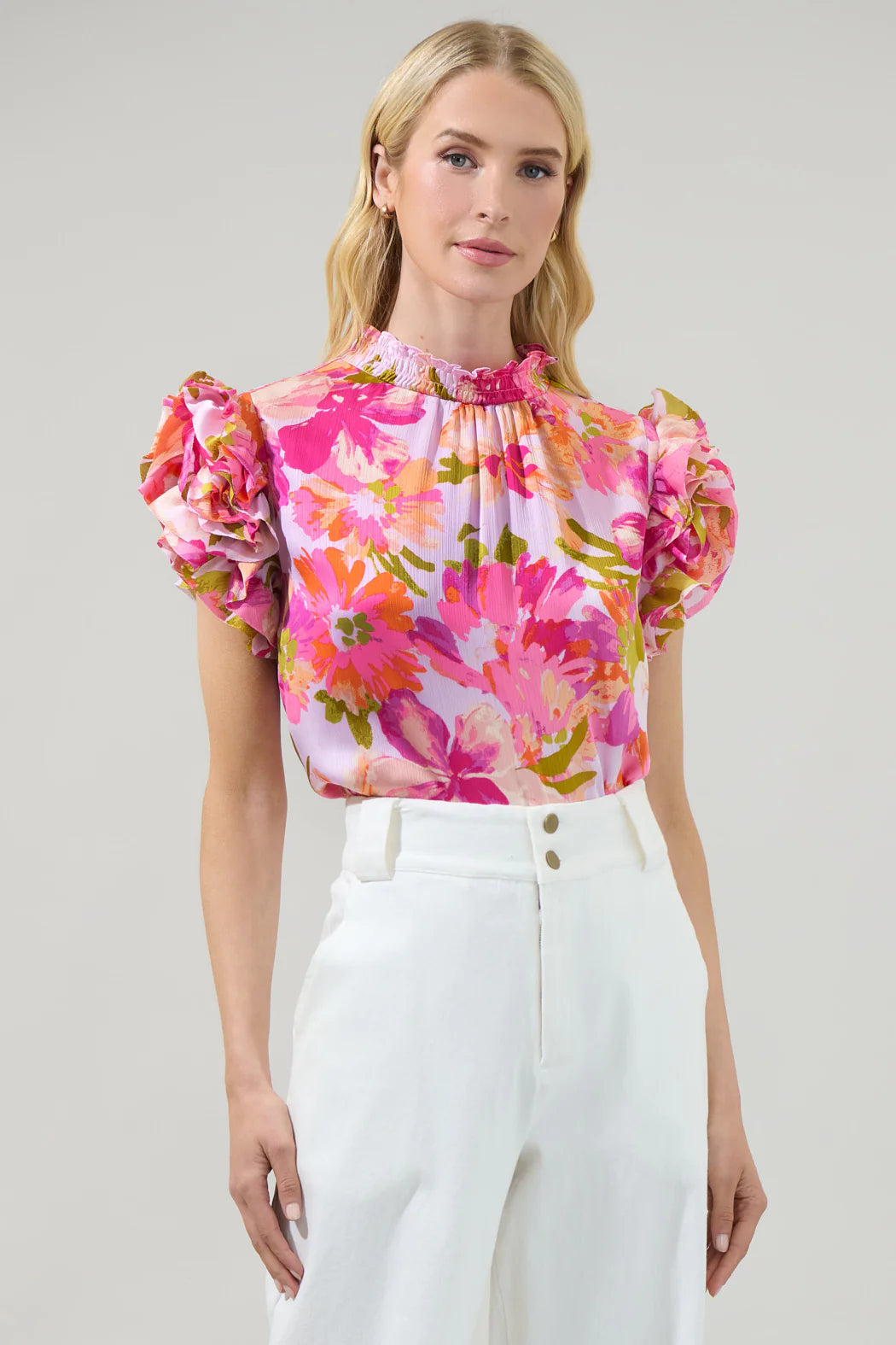 Abigal Floral Brenna Mock Neck Ruffle Blouse - Coral Multi (Final Sale)