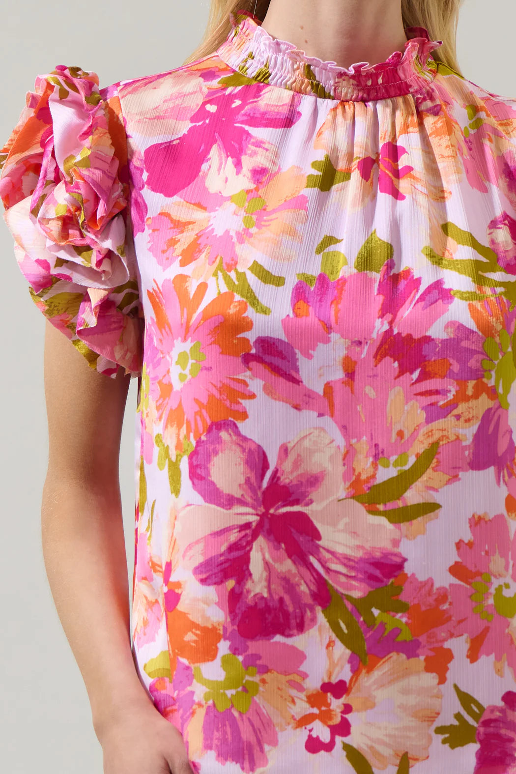 Abigal Floral Brenna Mock Neck Ruffle Blouse - Coral Multi (Final Sale)