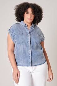 Acid Wash Chambray Button Down Top Curve - Washed Blue (Final Sale)