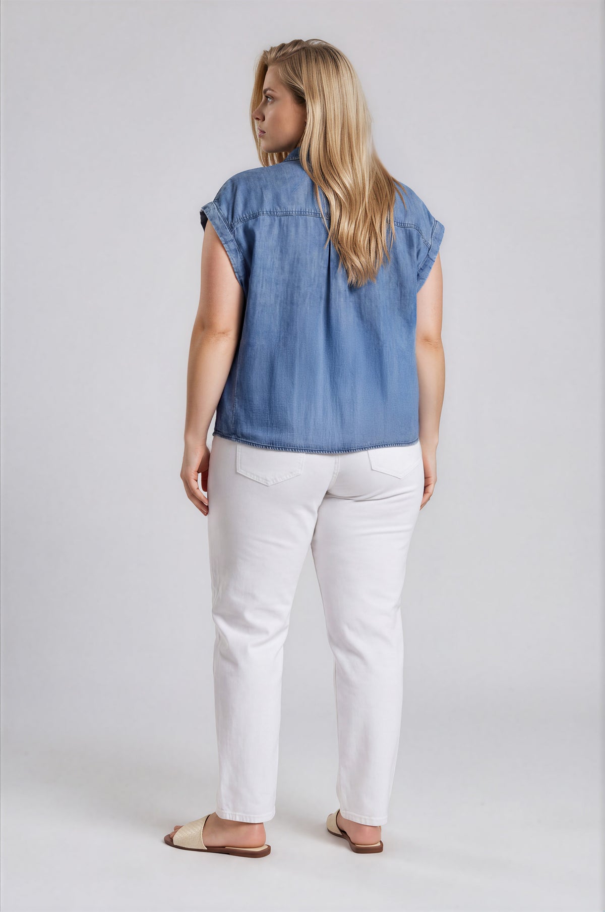 Acid Wash Chambray Button Down Top Curve - Washed Blue (Final Sale)