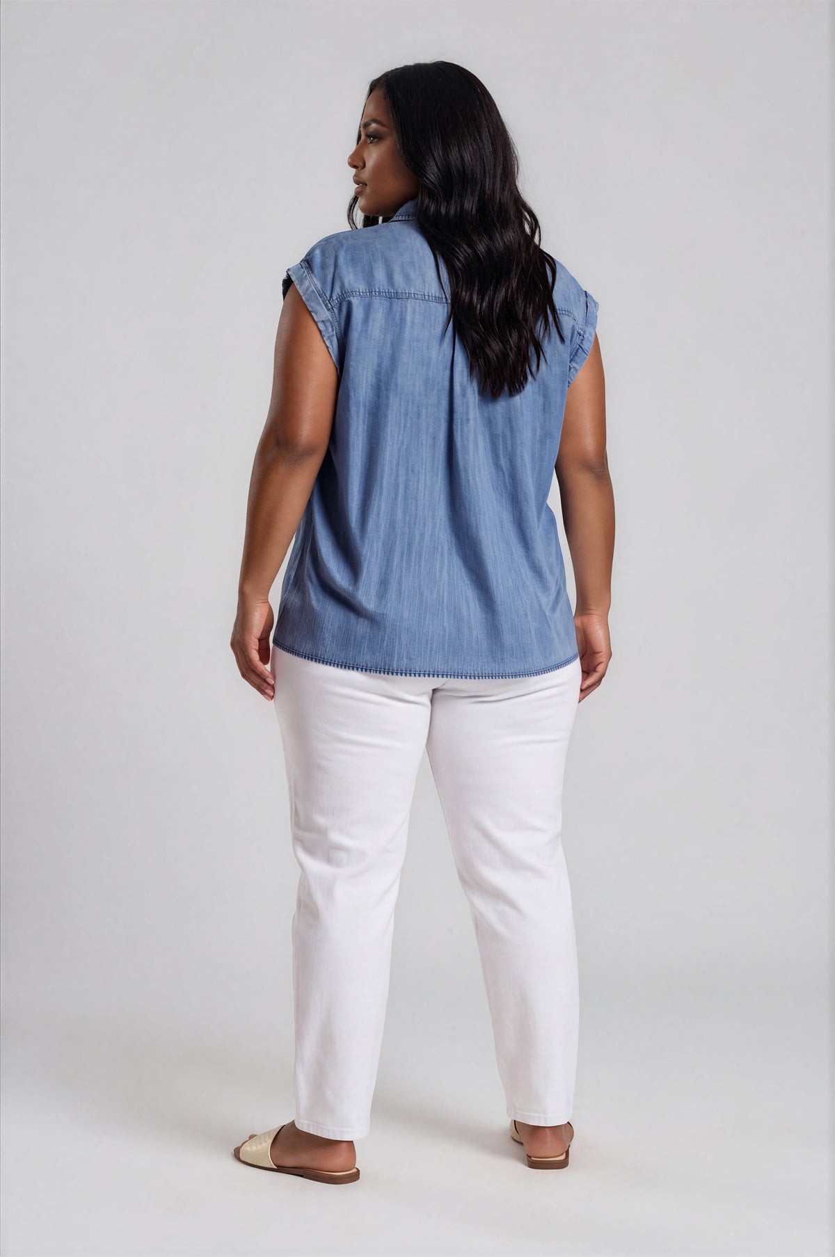 Acid Wash Chambray Button Down Top Curve - Washed Blue (Final Sale)