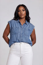 Acid Wash Chambray Button Down Top Curve - Washed Blue (Final Sale)