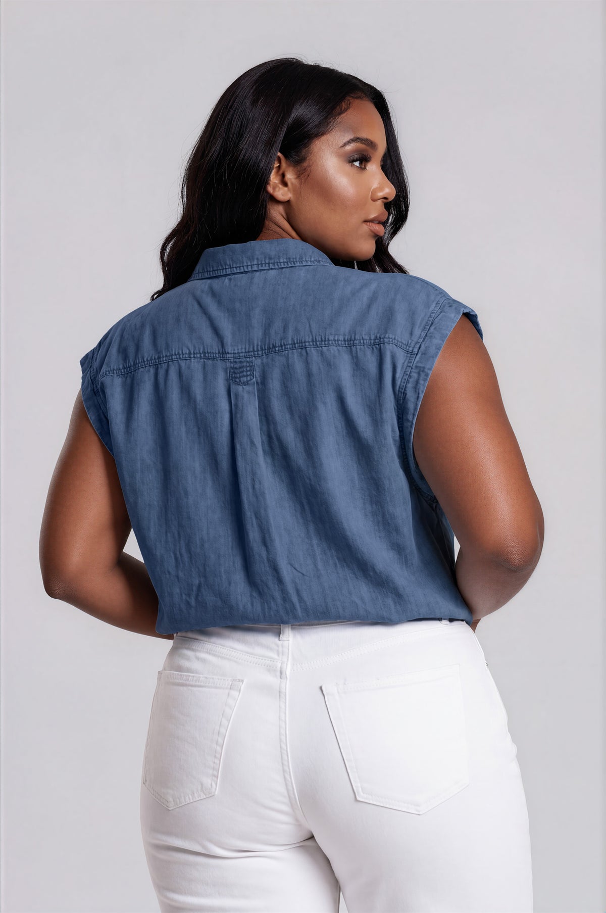 Acid Wash Chambray Button Down Top Curve - Washed Blue (Final Sale)
