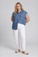 Acid Wash Chambray Button Down Top Curve - Washed Blue (Final Sale)