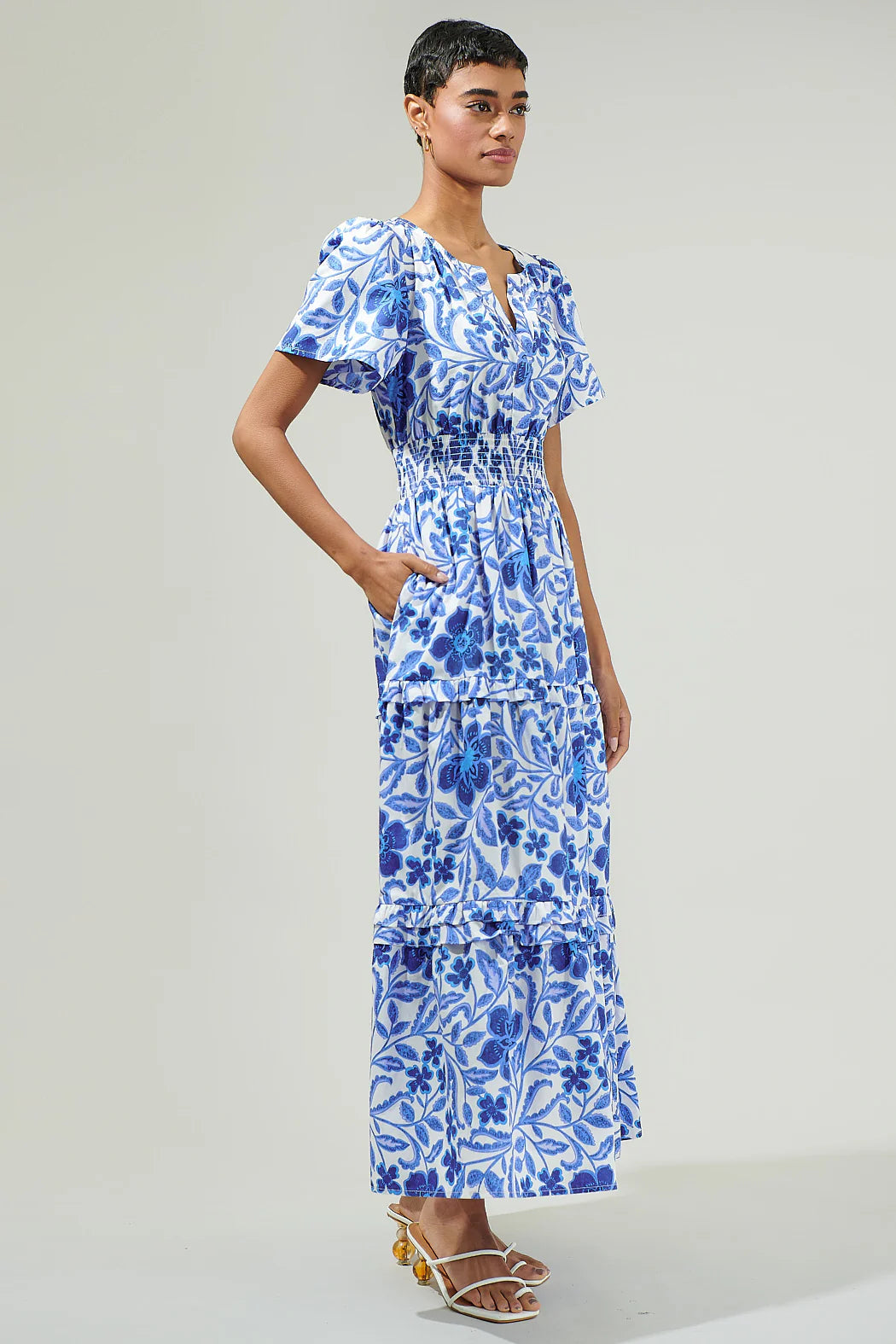 Celeste Floral Palmer Poplin Tiered Maxi Dress - White/Blue Combo (Final Sale)