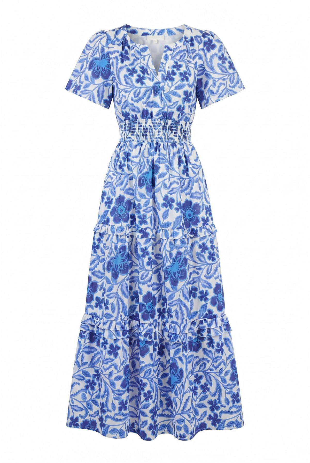 Celeste Floral Palmer Poplin Tiered Maxi Dress - White/Blue Combo (Final Sale)