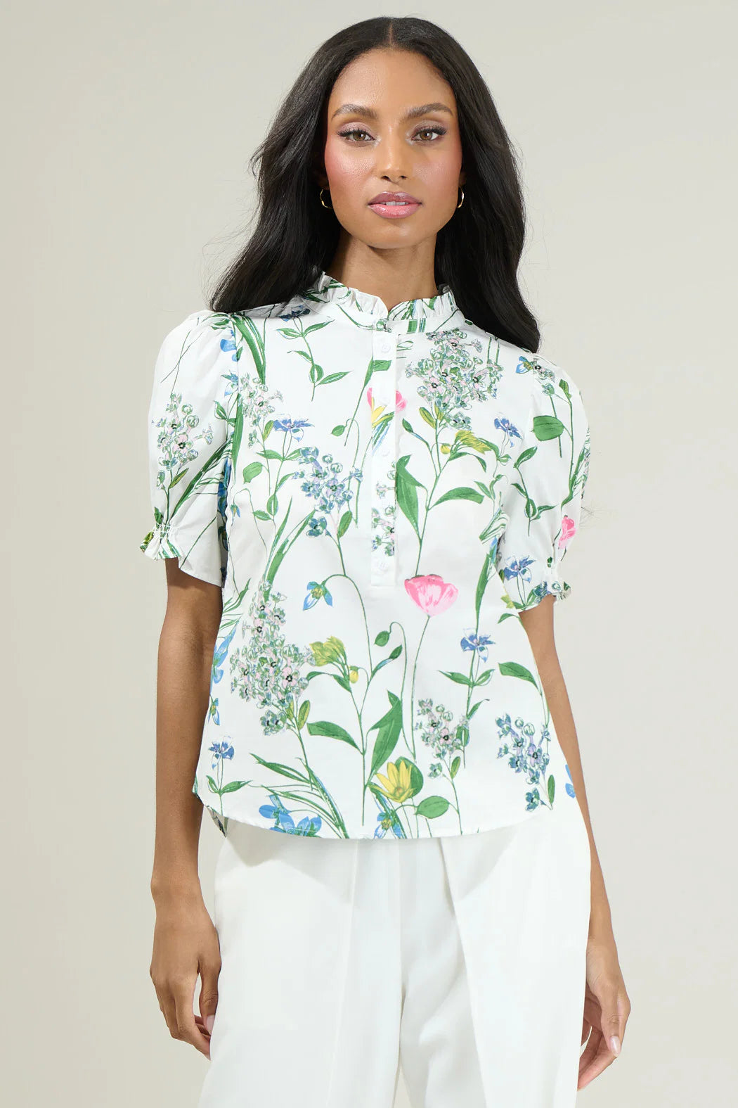 Clove Garden Floral Puff Sleeve Top - White/Pink/Green (Final Sale)
