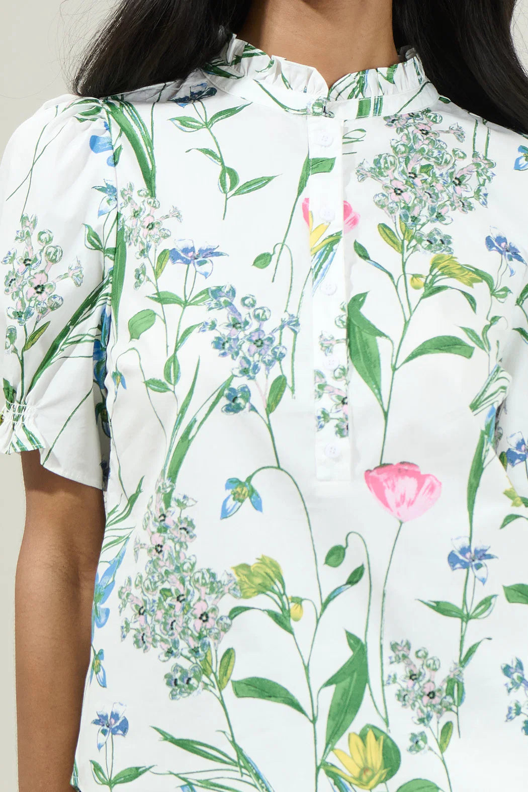 Clove Garden Floral Puff Sleeve Top - White/Pink/Green (Final Sale)