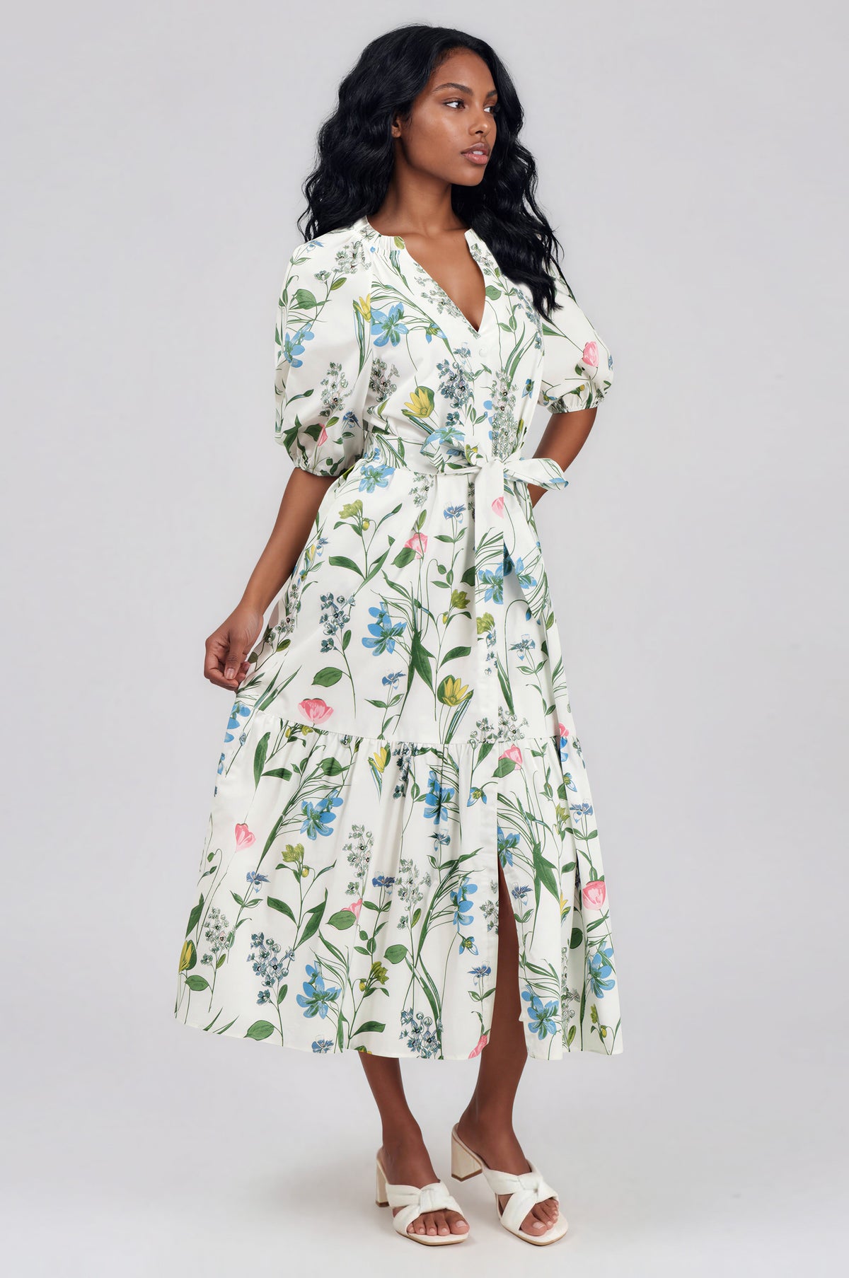 Clove Garden Floral Wynette Tiered Midi Dress - White/Pink/Green (Final Sale)