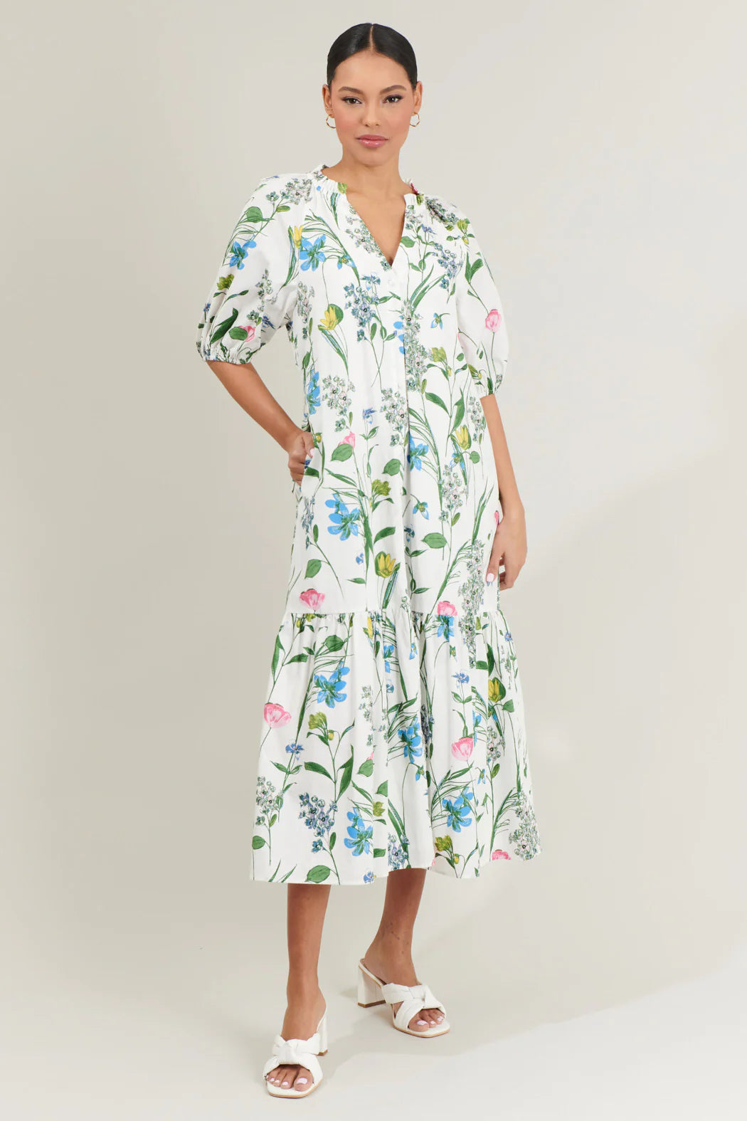 Clove Garden Floral Wynette Tiered Midi Dress - White/Pink/Green (Final Sale)