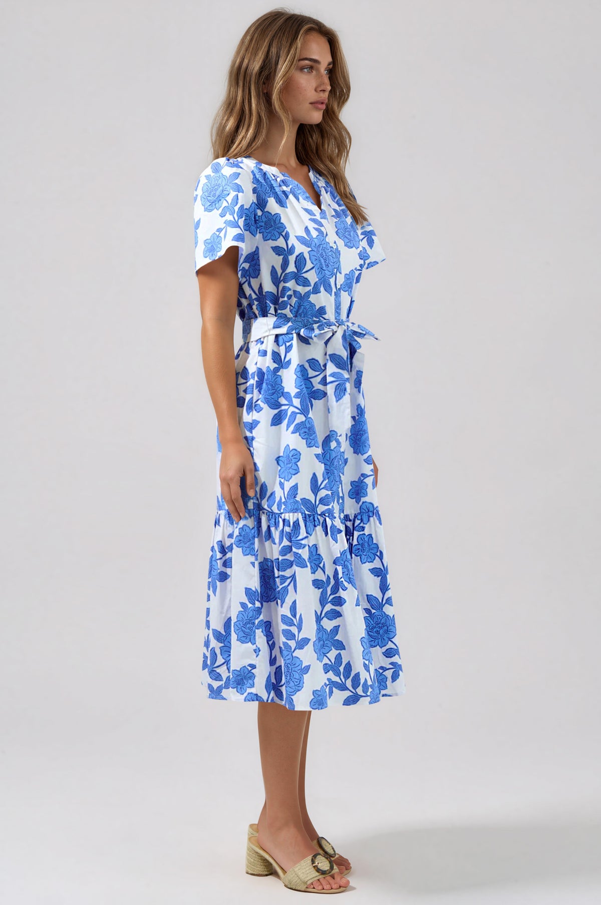 Glantis Floral Cora Button Up Midi Dress - White/Blue Multi (Final Sale)