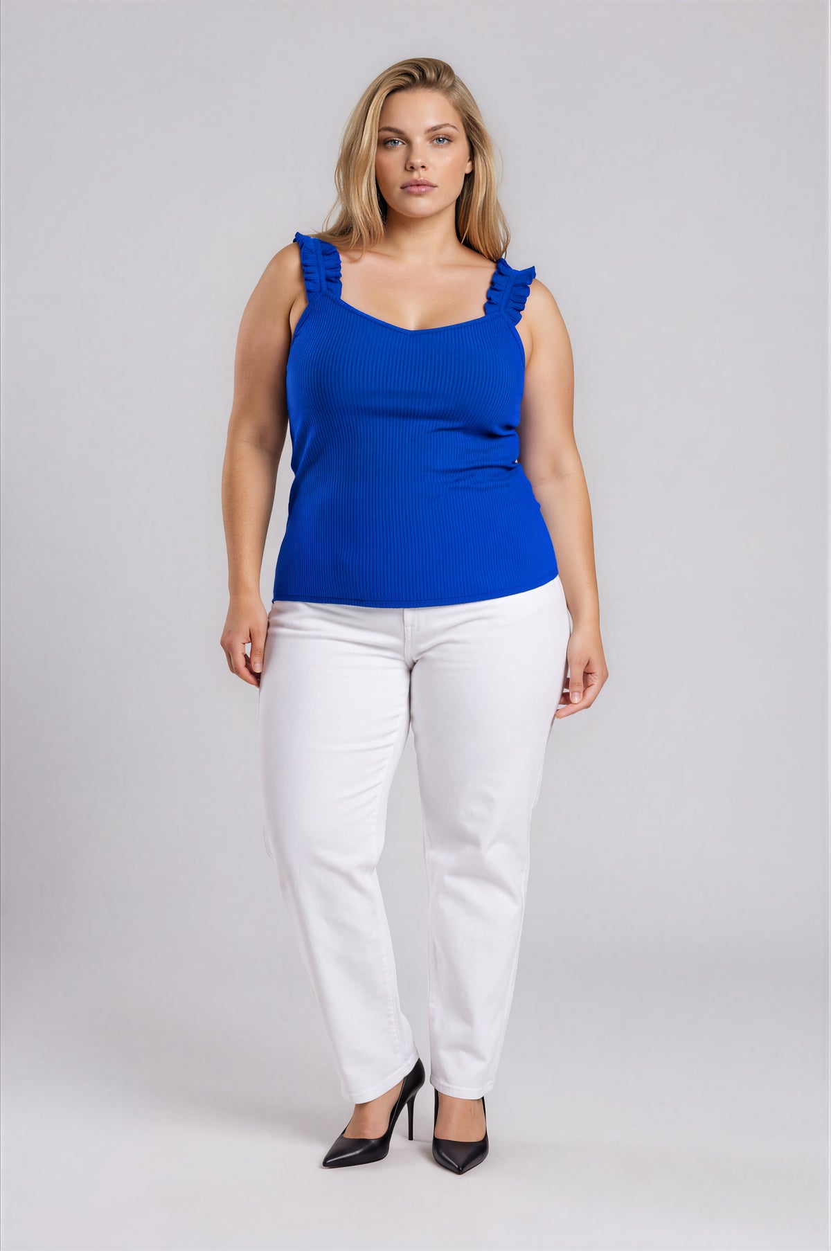 High Roller Ruffle Strap Ribbed Knit Tank Curve - Cobalt (Final Sale)