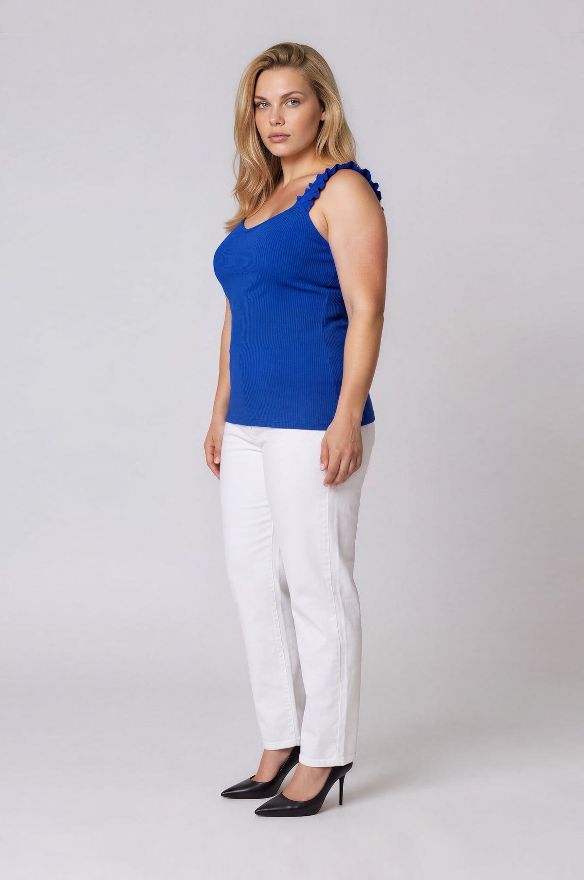 High Roller Ruffle Strap Ribbed Knit Tank Curve - Cobalt (Final Sale)