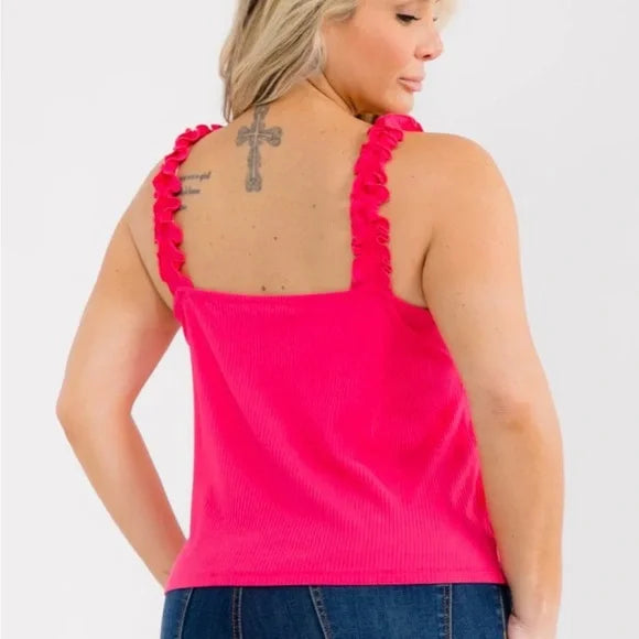 High Roller Ruffle Strap Ribbed Knit Tank Curve - Fuchsia (Final Sale)