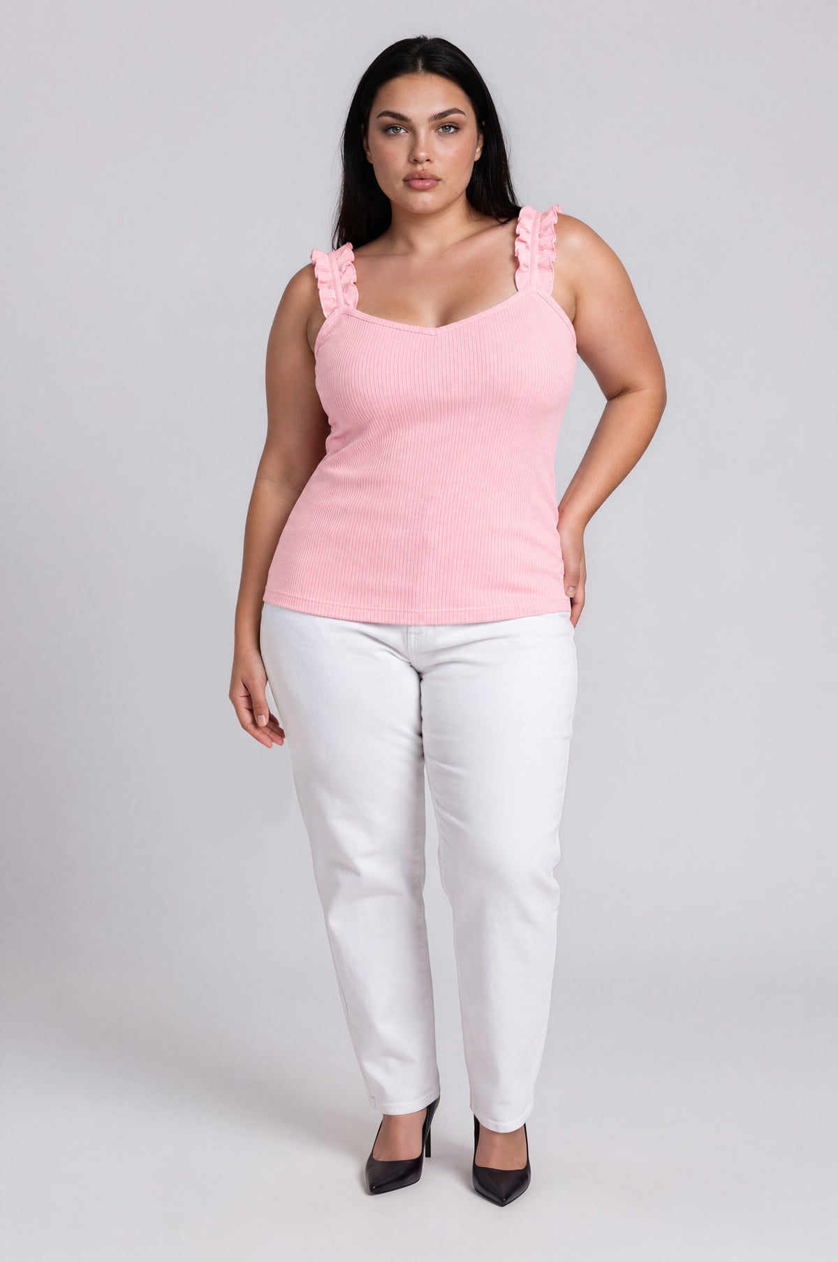 High Roller Ruffle Strap Ribbed Knit Tank Curve - Rose (Final Sale)