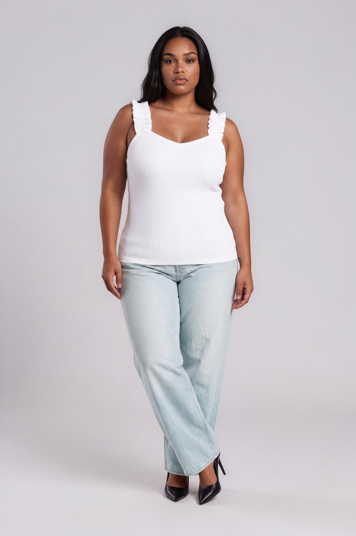 High Roller Ruffle Strap Ribbed Knit Tank Curve - White (Final Sale)