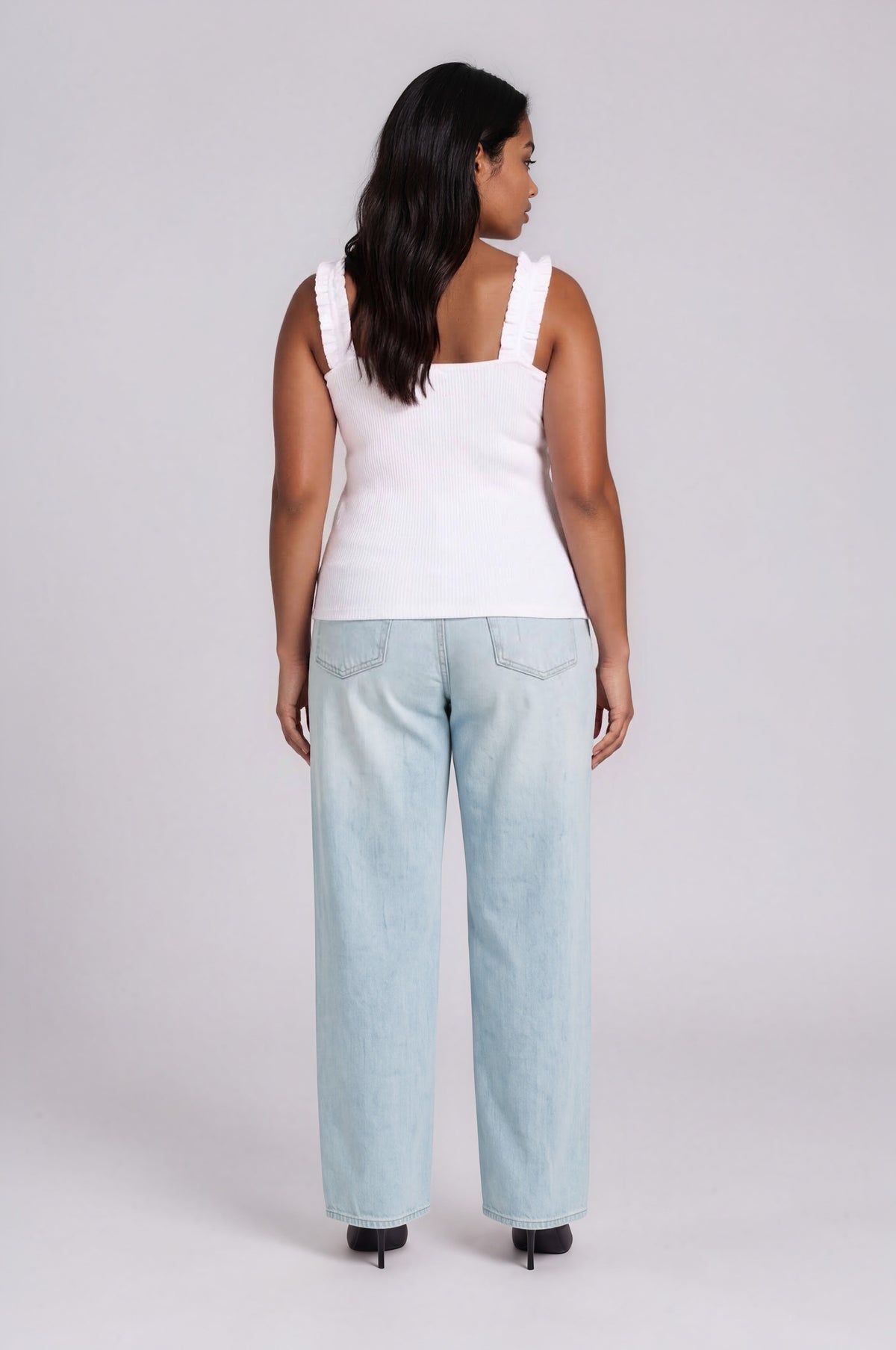 High Roller Ruffle Strap Ribbed Knit Tank Curve - White (Final Sale)