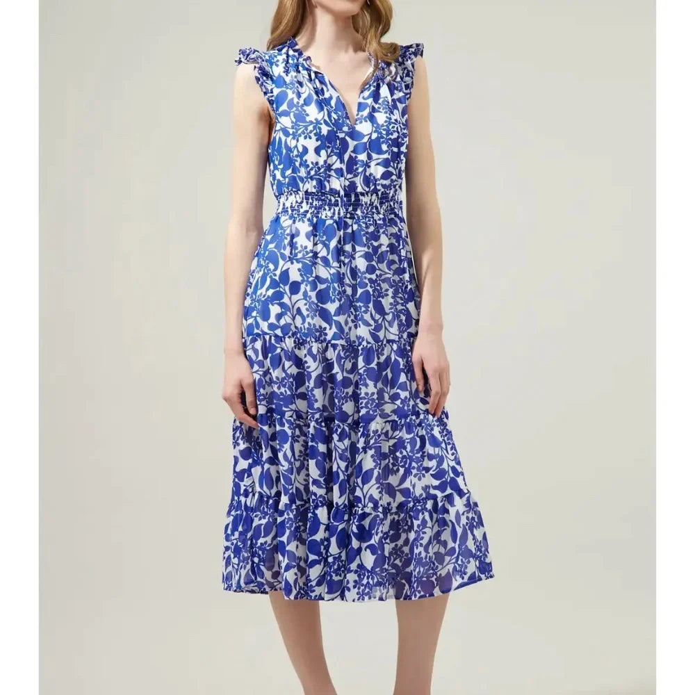 Kian Floral Pisces Smocked Midi Dress - White/Blue (Final Sale)