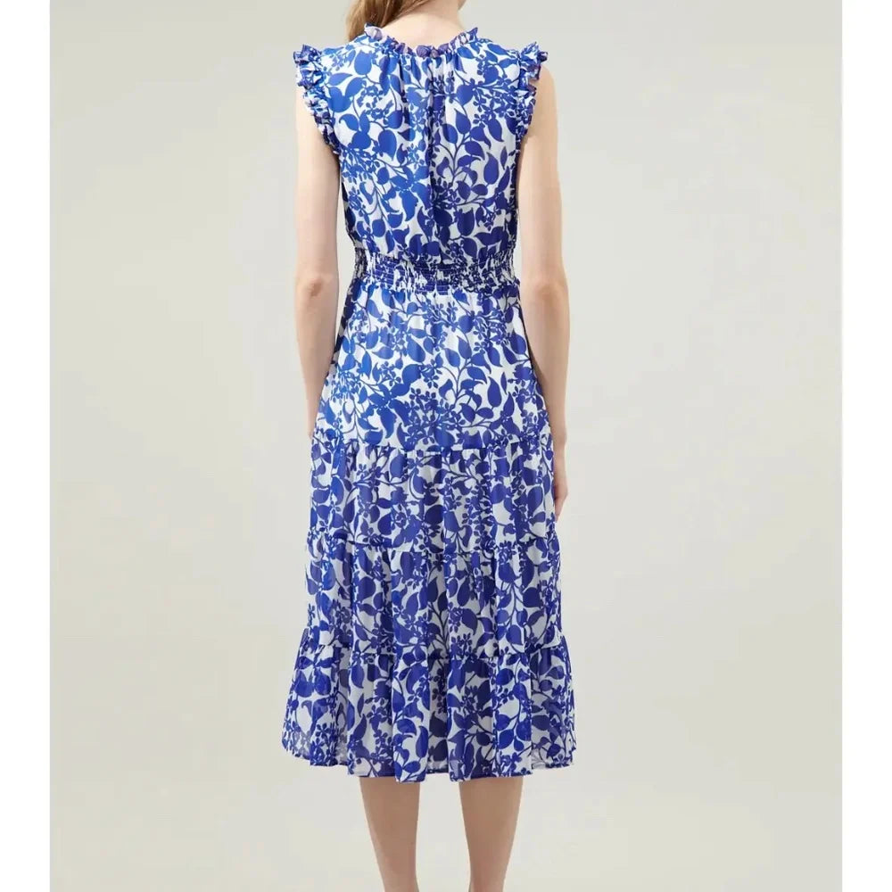 Kian Floral Pisces Smocked Midi Dress - White/Blue (Final Sale)