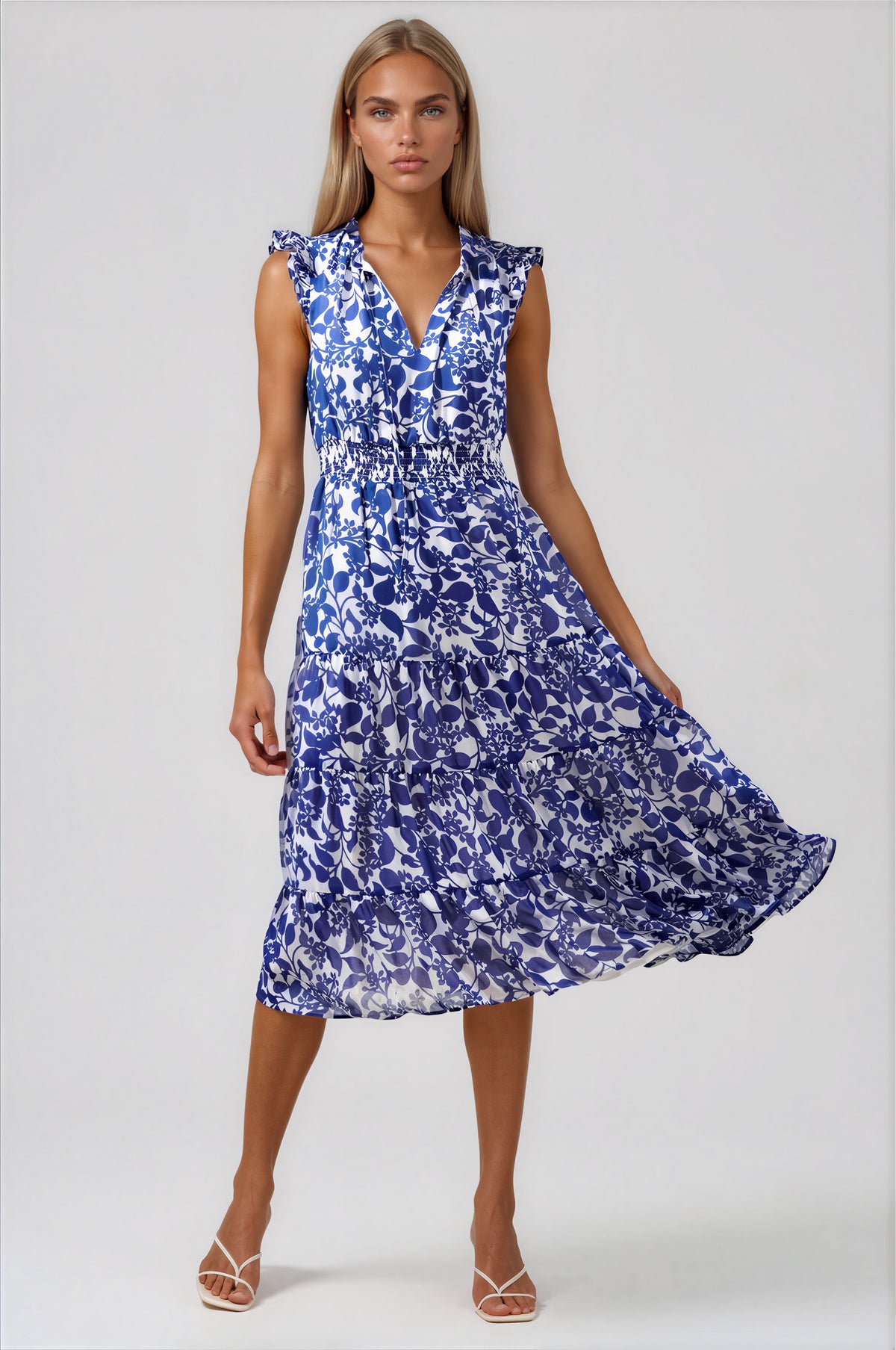 Kian Floral Pisces Smocked Midi Dress - White/Blue (Final Sale)