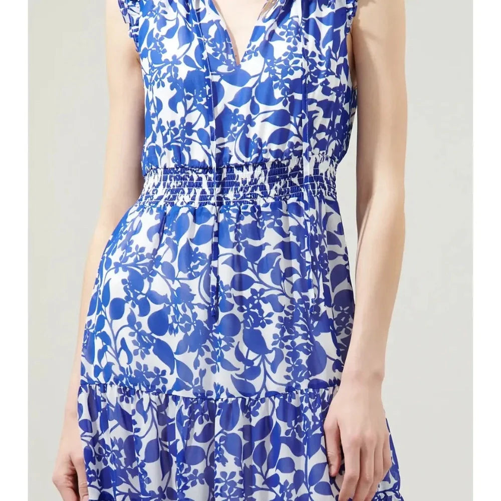 Kian Floral Pisces Smocked Midi Dress - White/Blue (Final Sale)