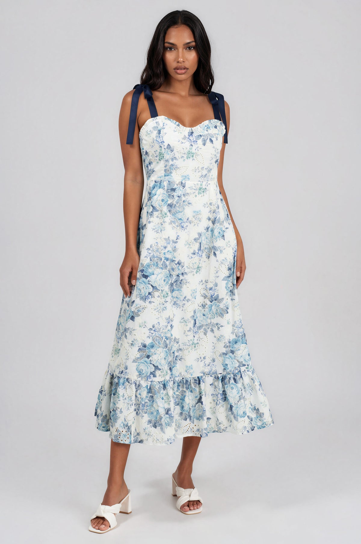 Majesty Floral Villa Garden Eyelet Midi Dress - White/Blue (Final Sale)