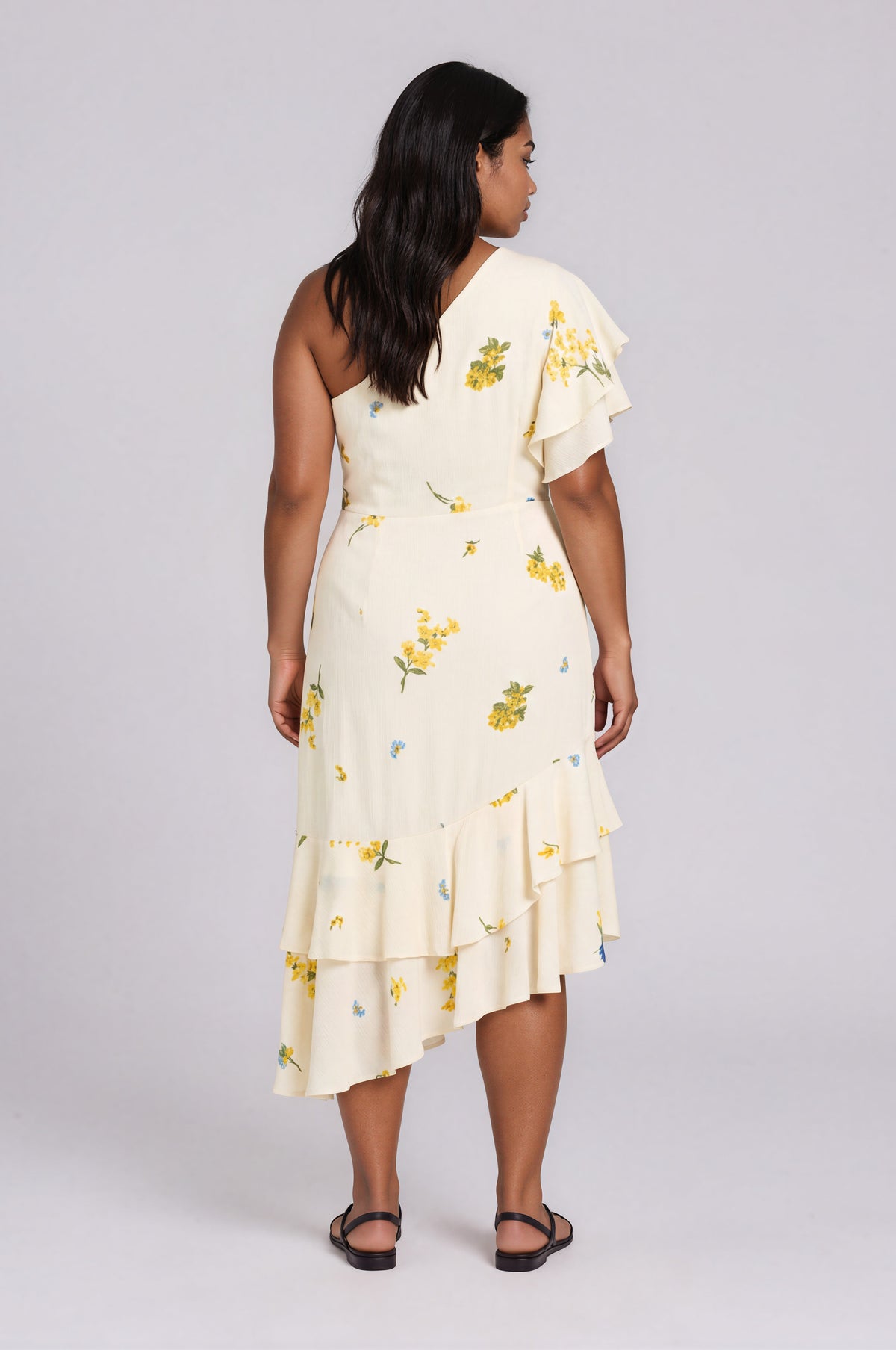 Melba Floral One Shoulder Asymmetrical Dress Curve - Ivory/Yellow/Blue (Final Sale)