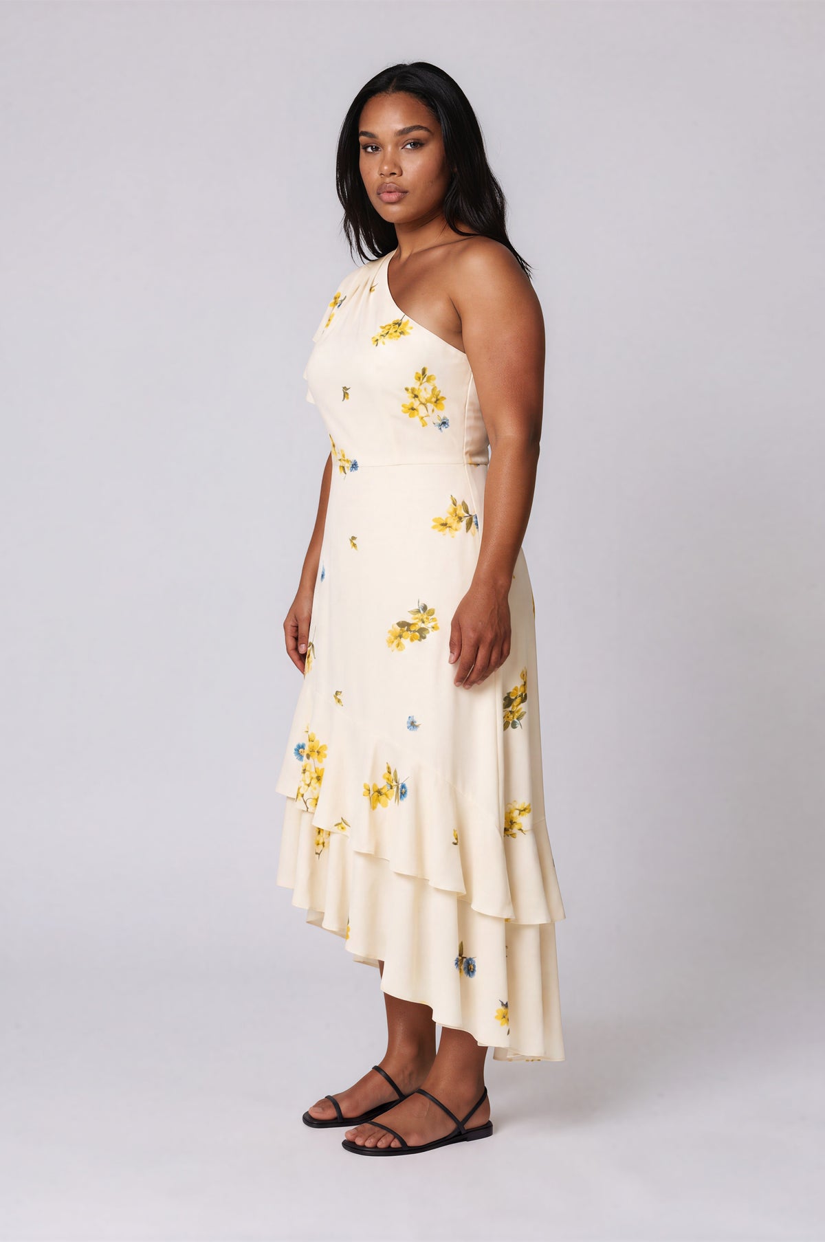 Melba Floral One Shoulder Asymmetrical Dress Curve - Ivory/Yellow/Blue (Final Sale)