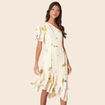 Melba Floral One Shoulder Asymmetrical Dress Curve - Ivory/Yellow/Blue (Final Sale)