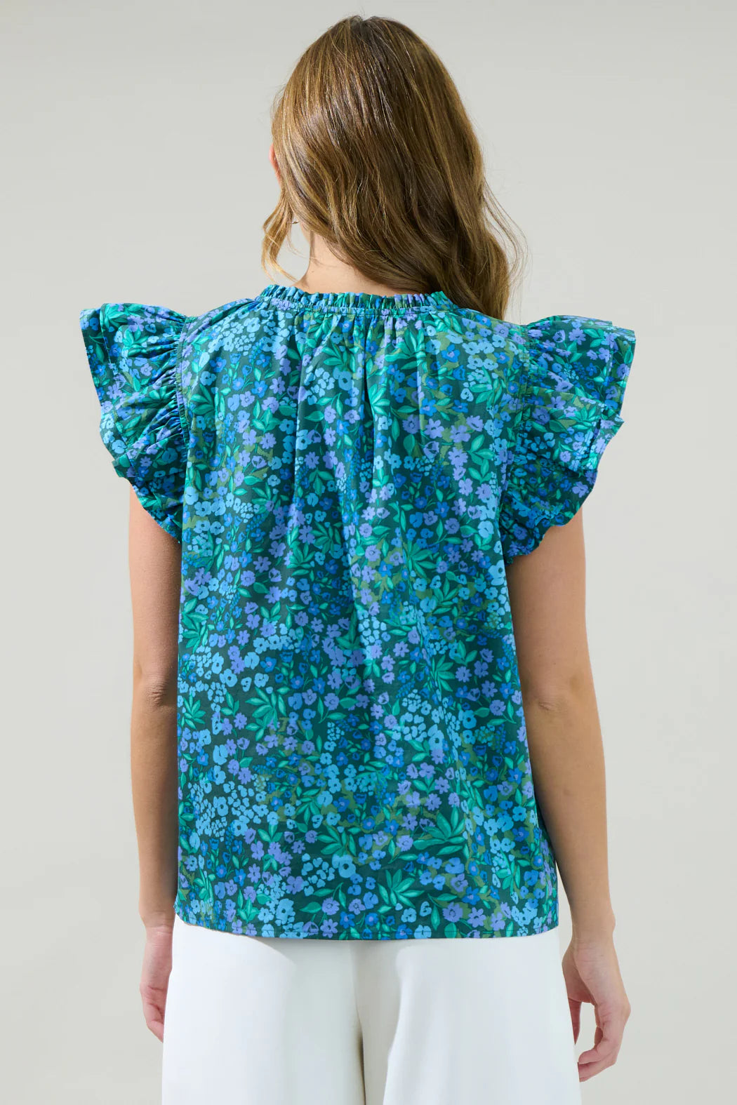 Midnight Floral Risette Ruffle Split Neck Top - Emerald/Blue Multi (Final Sale)