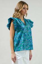Midnight Floral Risette Ruffle Split Neck Top - Emerald/Blue Multi (Final Sale)