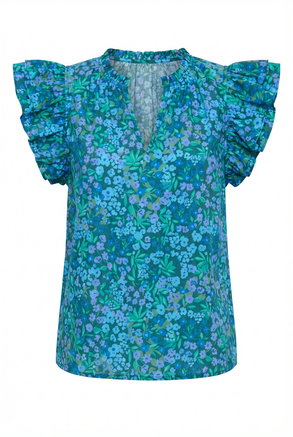 Midnight Floral Risette Ruffle Split Neck Top - Emerald/Blue Multi (Final Sale)