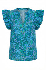 Midnight Floral Risette Ruffle Split Neck Top - Emerald/Blue Multi (Final Sale)