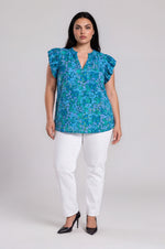 Midnight Floral Risette Ruffle Split Neck Top - Emerald/Blue Multi (Final Sale)