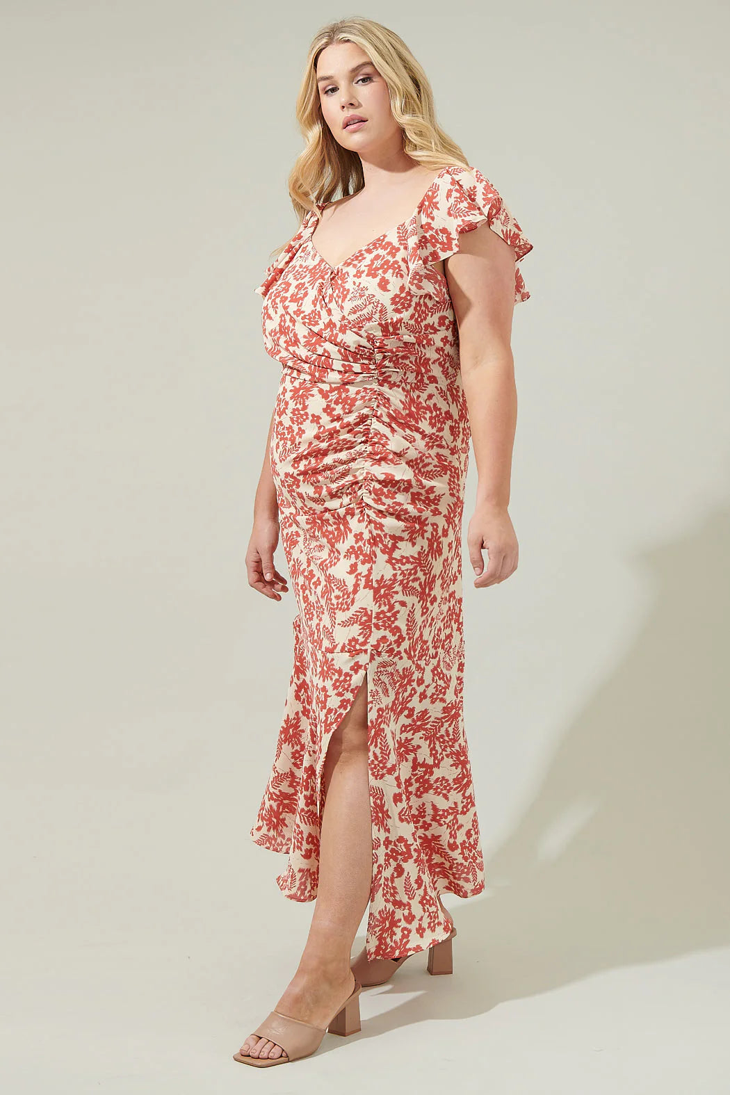 Nadia Ruched Midi Dress - White/Red (Final Sale)