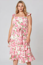 Truth Be Told Guayana Ruffle Tiered Midi Dress Curve - Pink/Green (Final Sale)