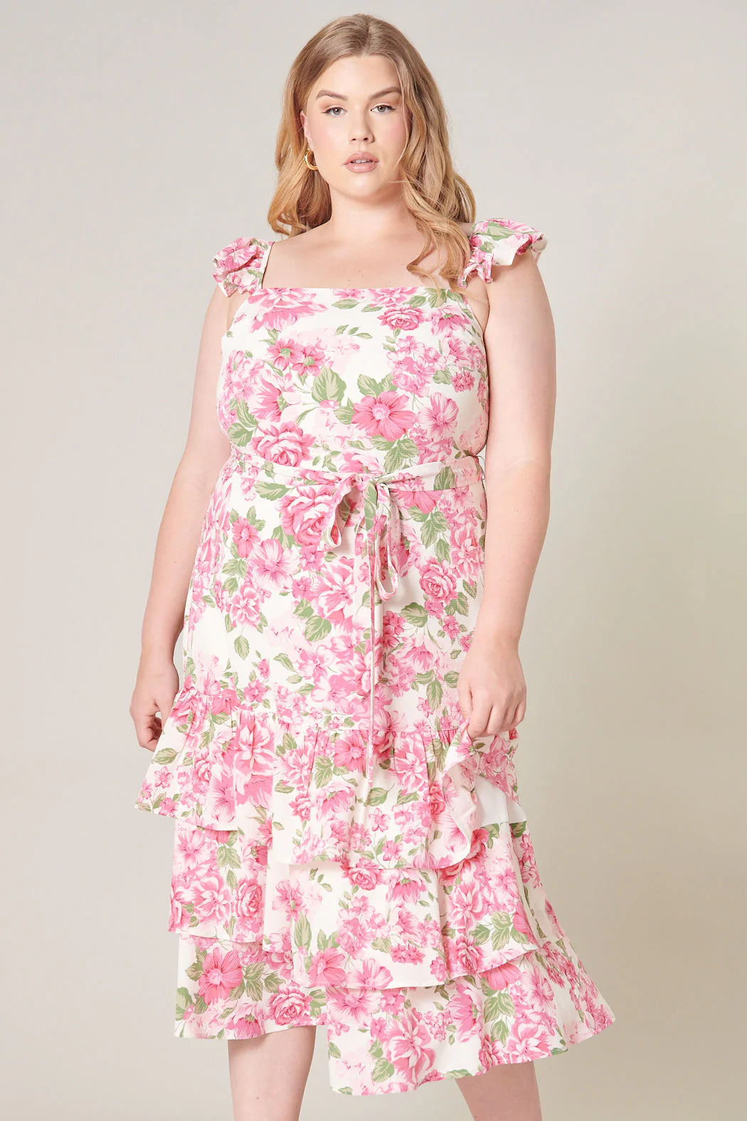 Truth Be Told Guayana Ruffle Tiered Midi Dress Curve - Pink/Green (Final Sale)