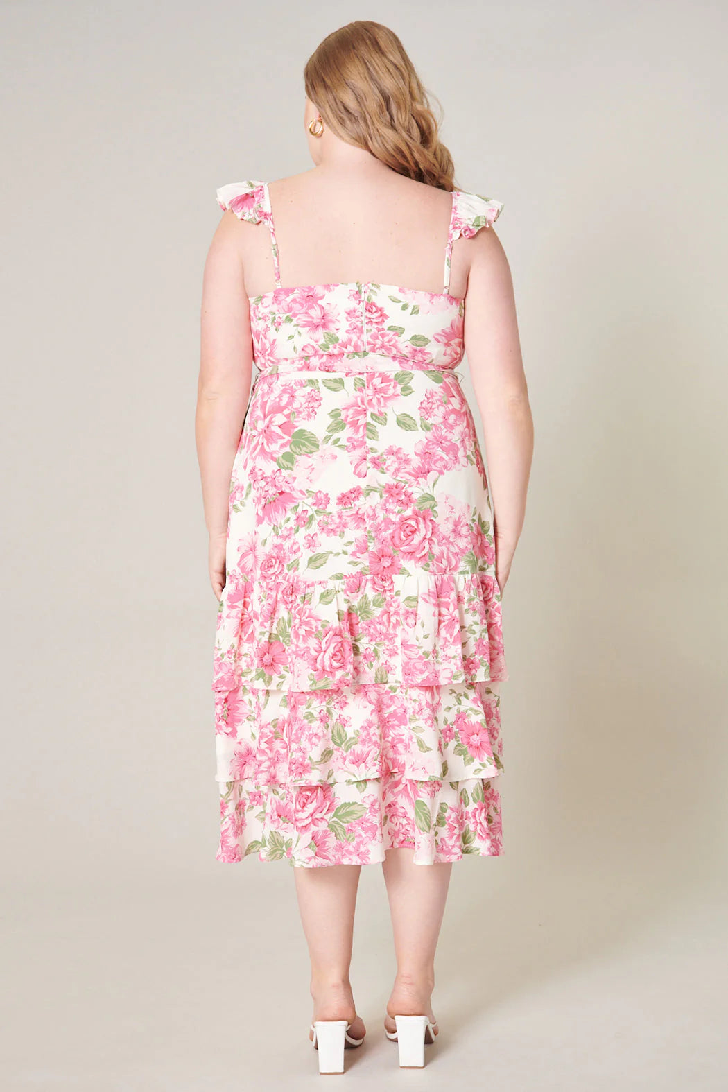 Truth Be Told Guayana Ruffle Tiered Midi Dress Curve - Pink/Green (Final Sale)