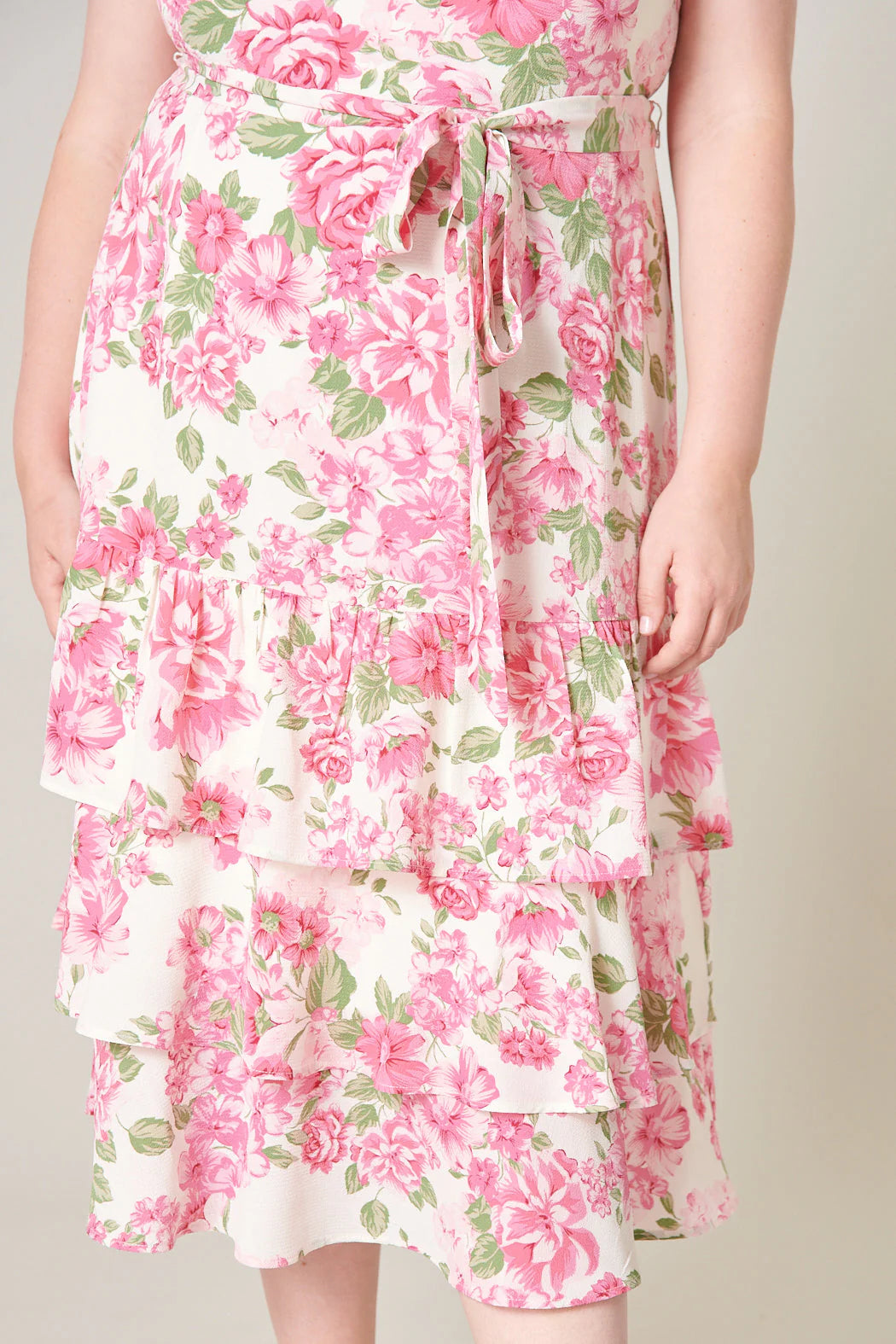 Truth Be Told Guayana Ruffle Tiered Midi Dress Curve - Pink/Green (Final Sale)