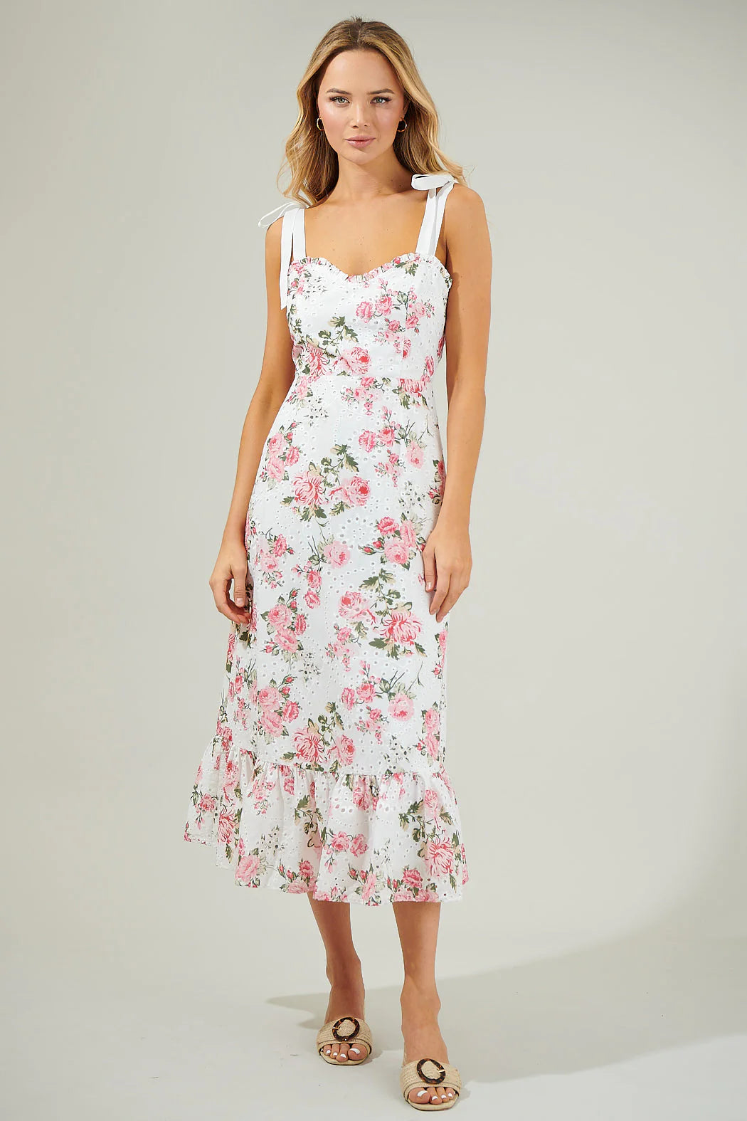 Villa Garden Eyelet Midi Dress - White/Pink (Final Sale)