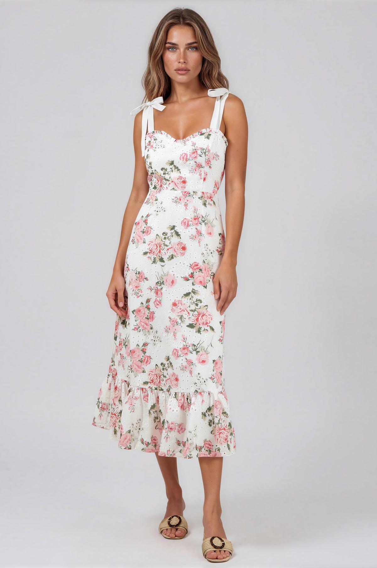 Villa Garden Eyelet Midi Dress - White/Pink (Final Sale)