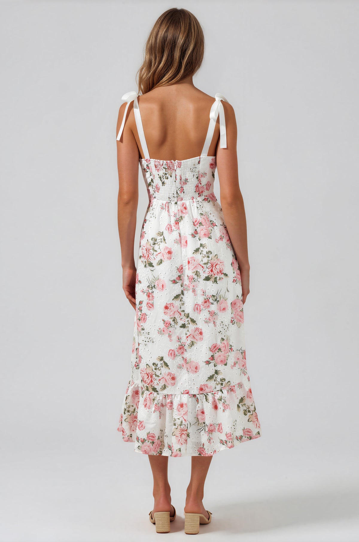 Villa Garden Eyelet Midi Dress - White/Pink (Final Sale)