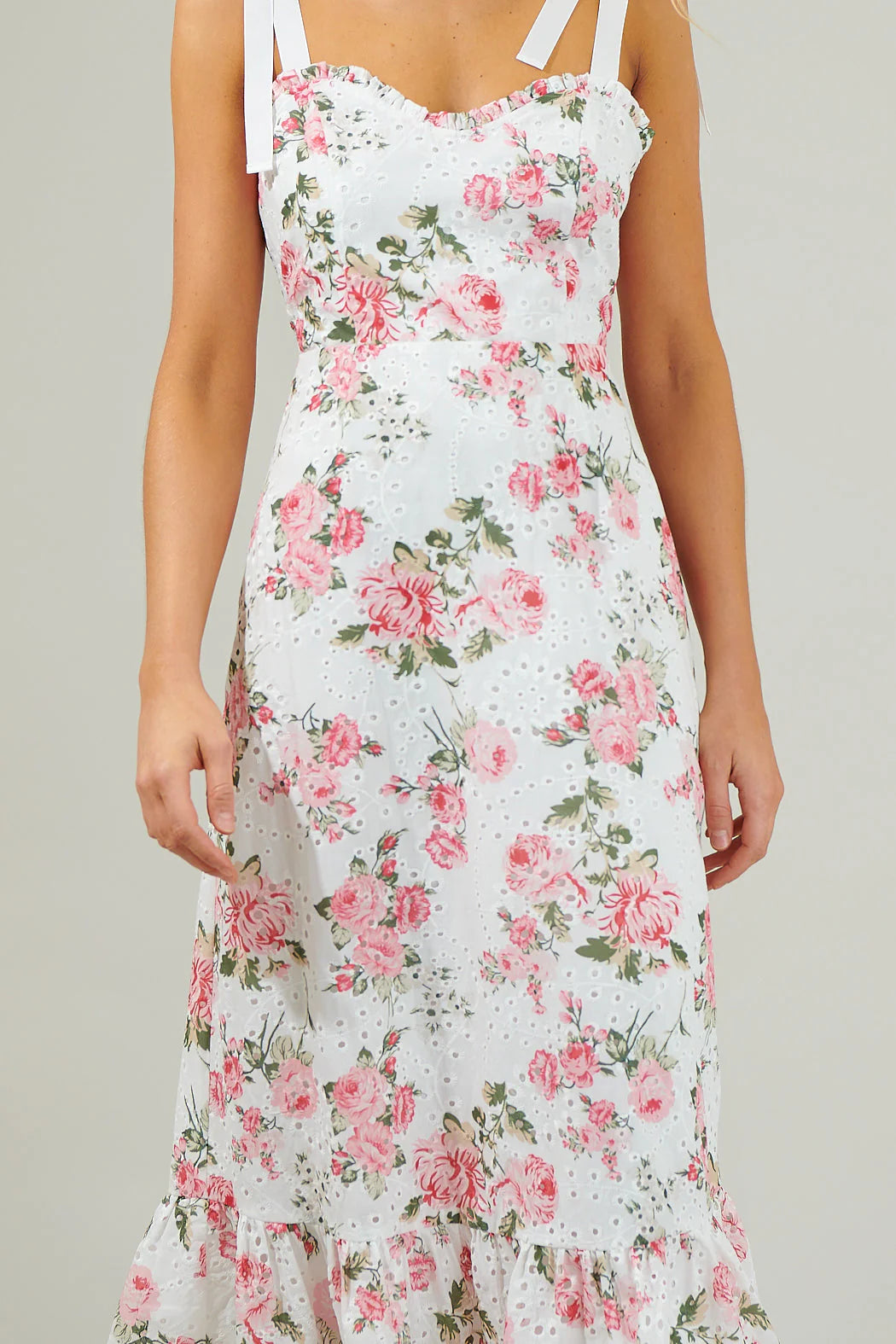 Villa Garden Eyelet Midi Dress - White/Pink (Final Sale)