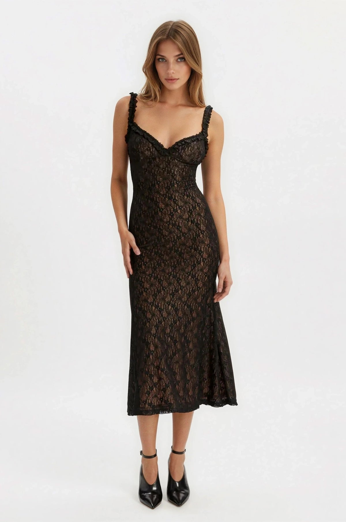 Alegra Stretch Lace Midi Dress – Black
