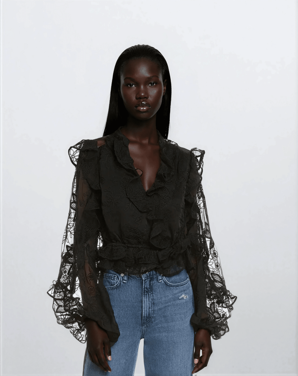 Bardot Frill Embroidered Blouse – Black