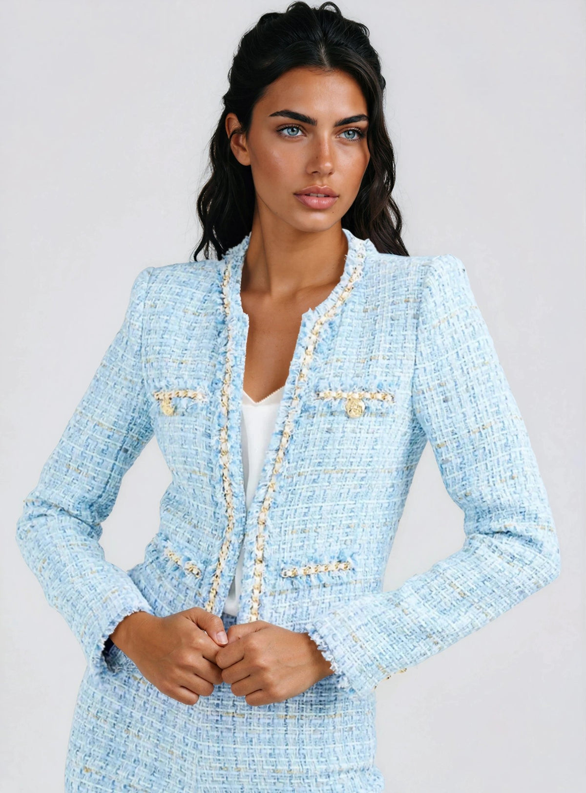 Betsy Buttoned Tweed Blazer - Sky Blue - XO, Tina