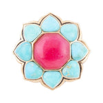 Blue Turquoise and Red Quartz Flower Golden Ring