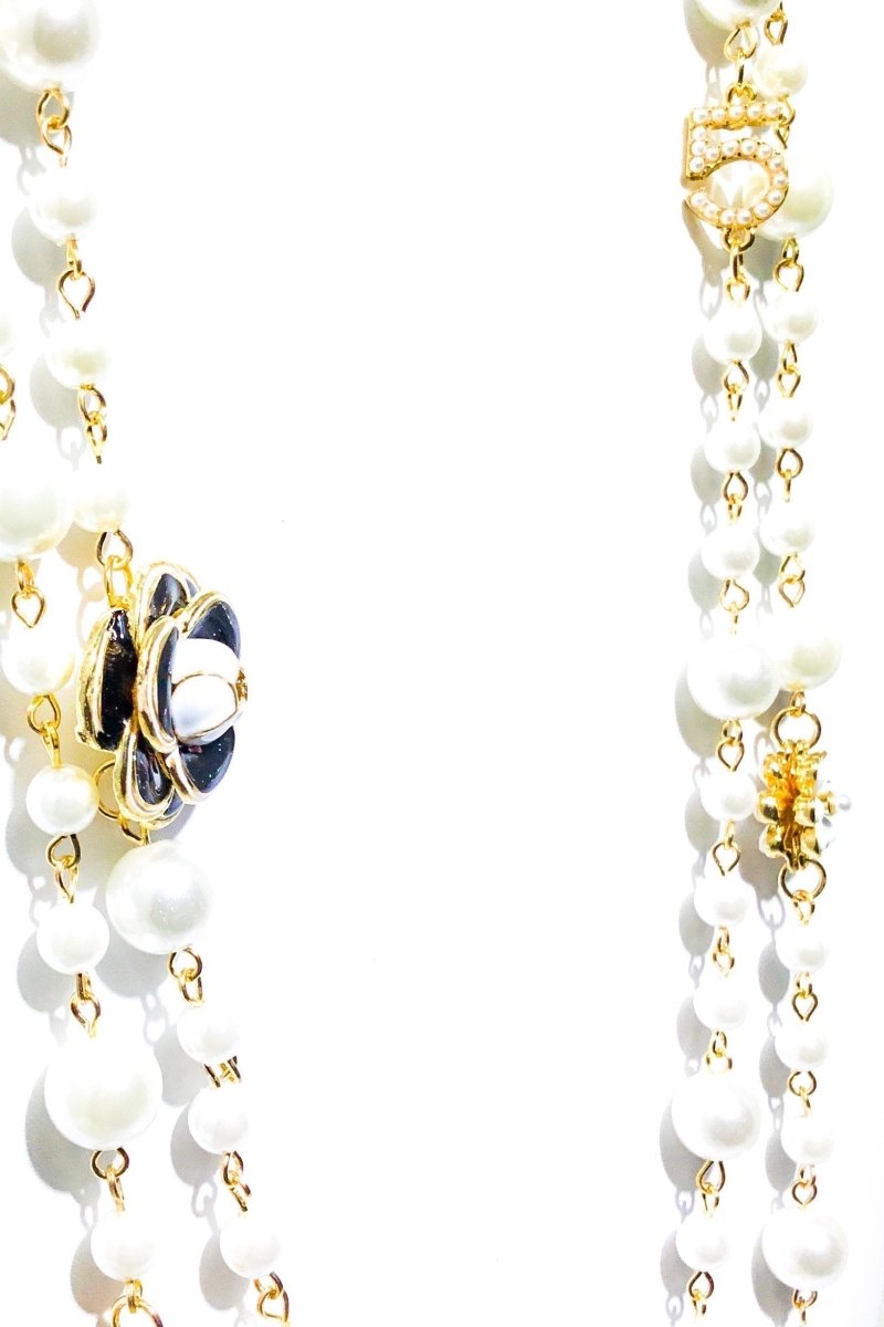 Double Strand Pearl Necklace With Gold Floral Accents