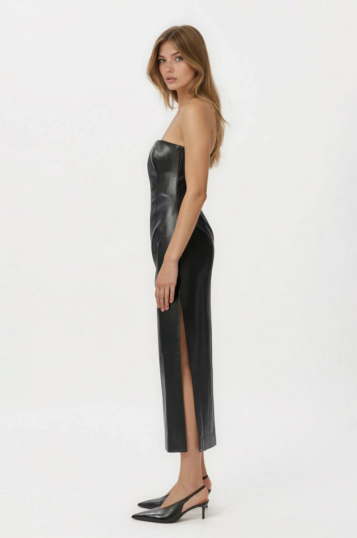 Eleni Vegan Leather Midi Dress - Black - XO, Tina