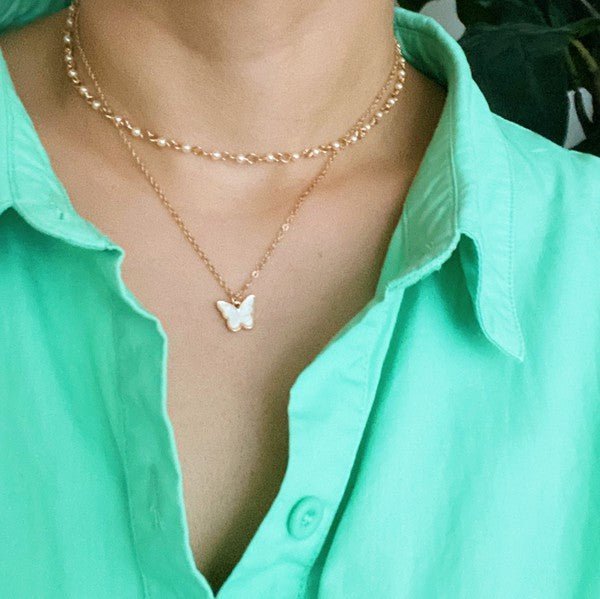 Ellison and Young - Layered Pearl Chain Butterfly Necklace